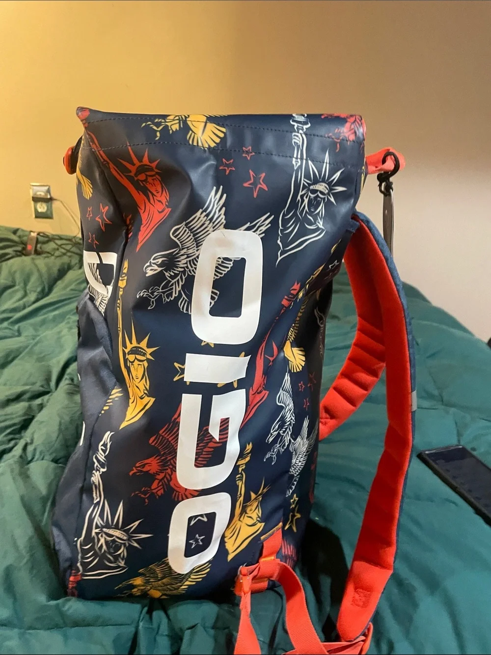 Navy Graphic Roll-Top Backpack with Red & Gold Accents